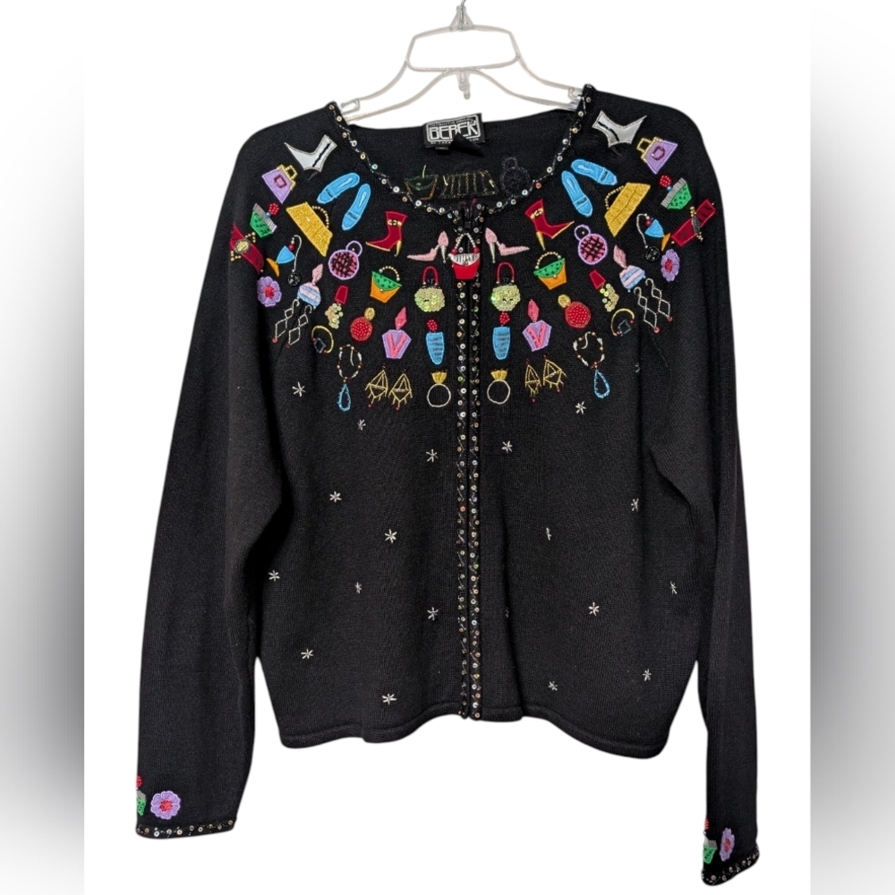 Berek Full Zip Black Ramie Sweater Vibrant Purses Heels‎ Jewelry Embroidery XL